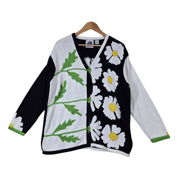 VTG Storybook Knits Cardigan Sweater sz 1X White Black Green Floral Colorblock - Picture 1 of 15